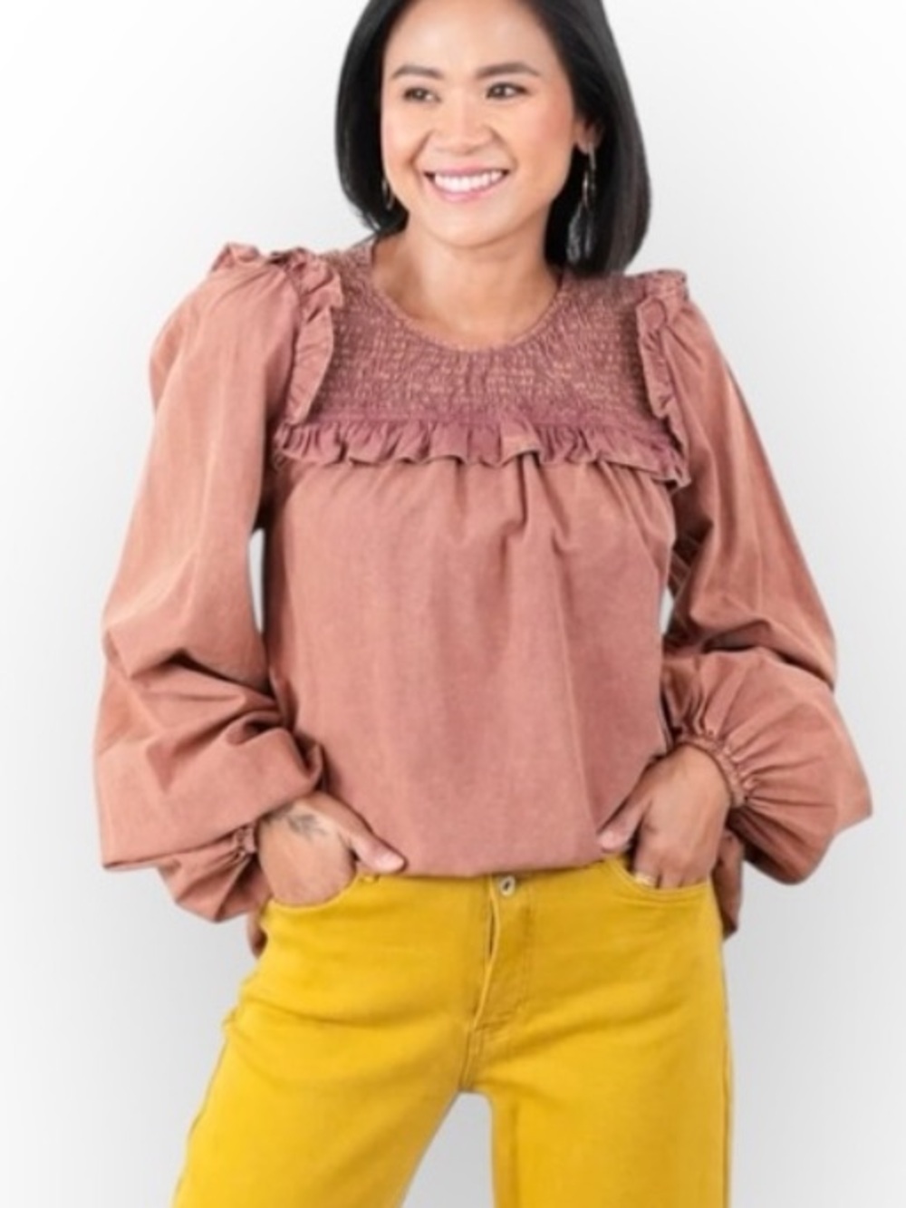 Heyson Mineral Wash Long Sleeve Smocked Neck Top Women’s Size Small